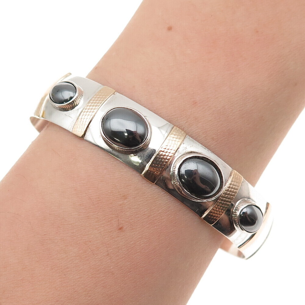 Eldred Seowtewa Old Pawn Sterling 14K Gold Hematite Adjustable Cuff Bracelet 7"